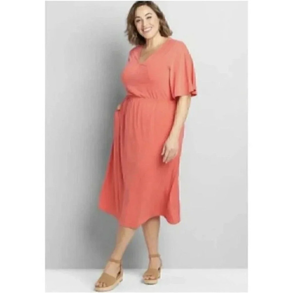 Lane Bryant Size 14/16 Coral Scoop Neck Elastic Waist Midi Dress NEW! - Picture 1 of 4